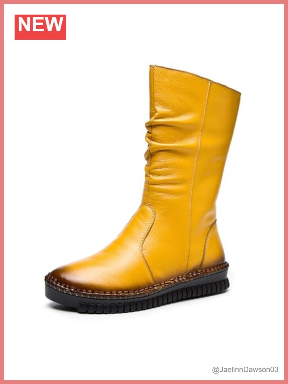 Womens Mid Calf Boots Cowhide Leather Plush Lined Side Zipper Pleated Platform